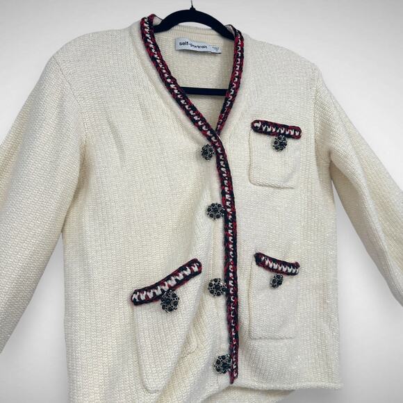 Self-Portrait Embellished Ivory Metallic Braided Knit Cardigan Sweater Sz Medium - Picture 4 of 14